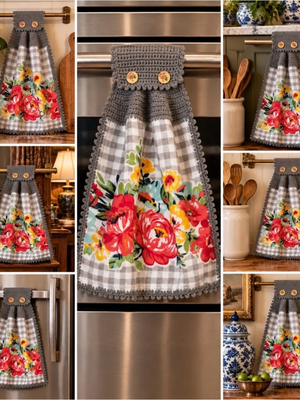 Handmade Crochet Pioneer Woman Hanging Kitchen Towel Gray Gingham Floral